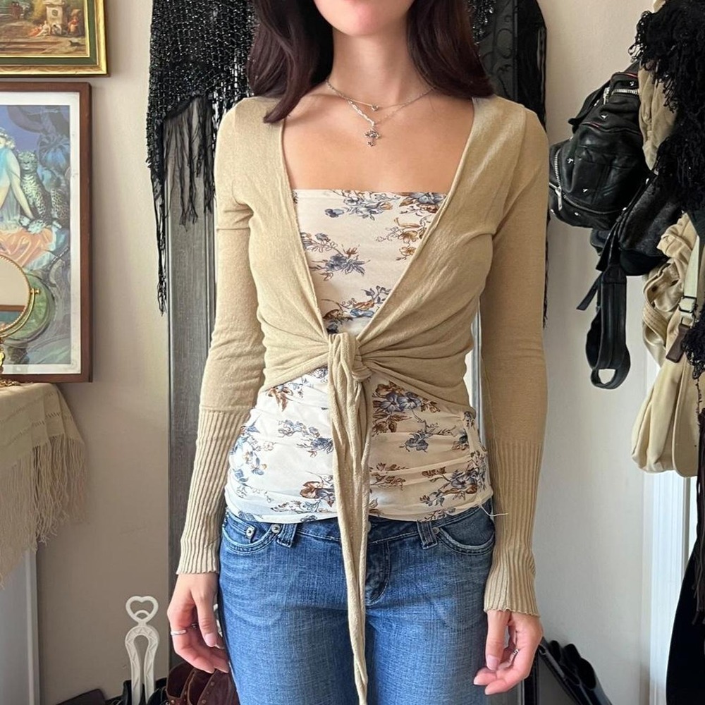 Juta Age Vintage 2000s Tie Front Cardigan Tan Y2K Boho Bolero Small